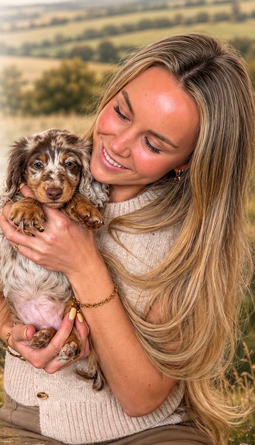 Your local dog walker smiling and cradling a dapple dachshund puppy, with the Cheshire countryside behind