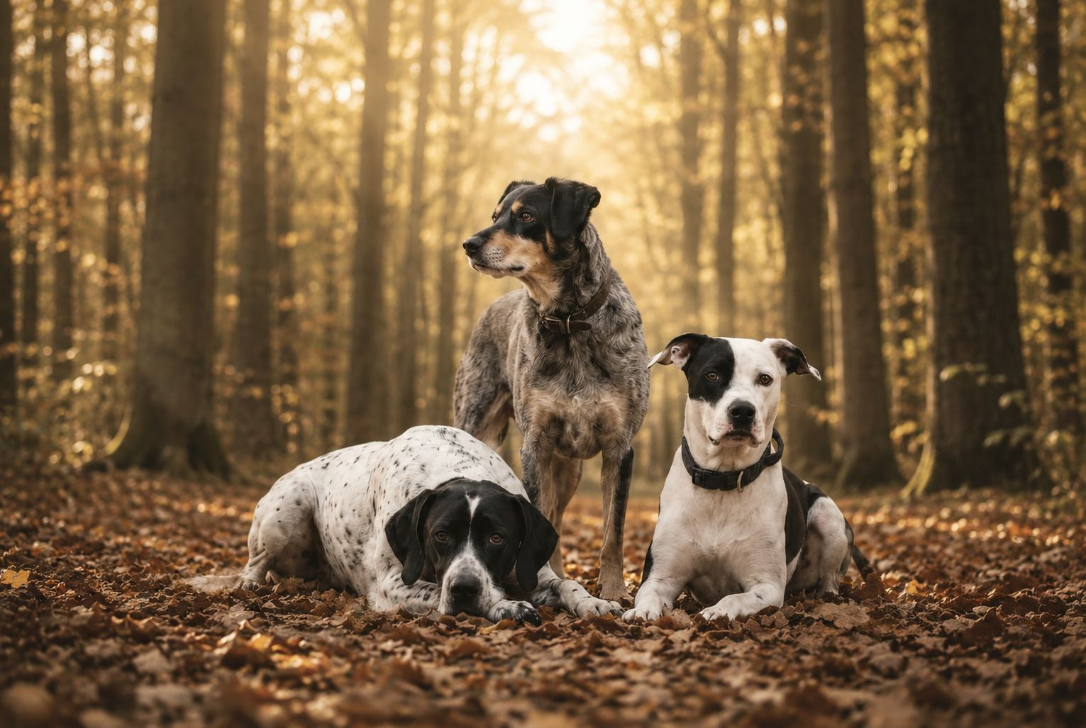 Three dogs resting together among autumn leaves on a woodland group walk
