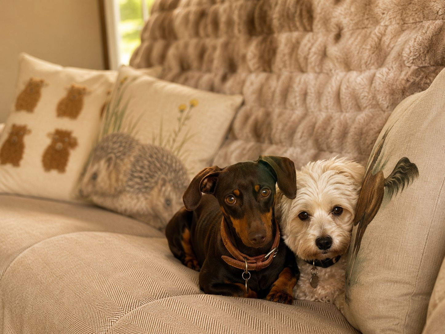 A dachshund and a terrier snuggled together on a sofa at home