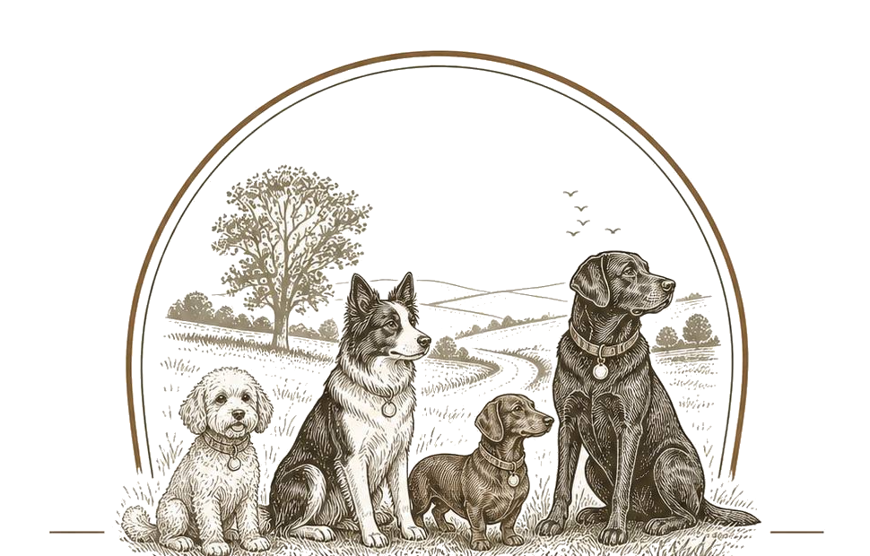 Engraved illustration of four countryside dogs — poodle, collie, dachshund and labrador — sat in a row in a countryside scene framed in an arch