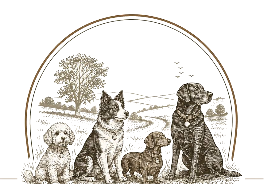 Countryside Paws Co — four dogs in a countryside arch